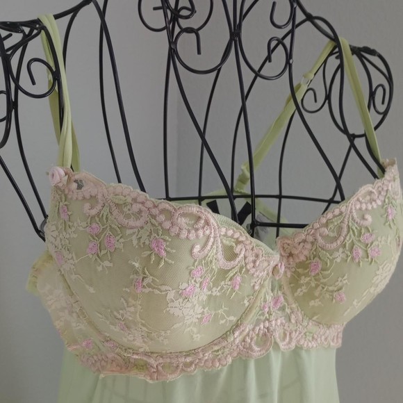 Y2K Delicates Floral Embroidery Pink Rosette Green Sheer Micromesh Slip Dress - Picture 4 of 7